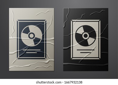 White CD disk award in frame icon isolated on crumpled paper background. Modern ceremony. Best seller. Musical trophy. Paper art style. Vector Illustration