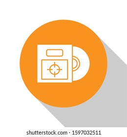 White CD or DVD disk in box icon isolated on white background. Compact disc sign. Orange circle button. Vector Illustration