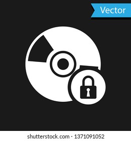 White CD or DVD disk with closed padlock icon isolated on black background. Compact disc sign. Security, safety, protection concept. Vector Illustration