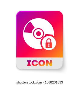 White CD or DVD disk with closed padlock icon isolated on white background. Compact disc sign. Security, safety, protection concept. Rectangle color button. Vector Illustration
