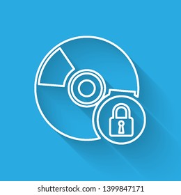 White CD or DVD disk with closed padlock line icon isolated with long shadow. Compact disc sign. Security, safety, protection concept. Vector Illustration
