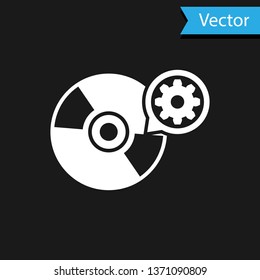 White CD or DVD disk and gear icon isolated on black background. Adjusting app, service concept, setting options, maintenance, repair, fixing. Vector Illustration