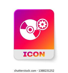White CD or DVD disk and gear icon isolated on white background. Adjusting app, service concept, setting options, maintenance, repair, fixing. Rectangle color button. Vector Illustration