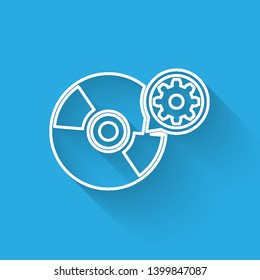 White CD or DVD disk and gear line icon isolated with long shadow. Adjusting app, service concept, setting options, maintenance, repair, fixing. Vector Illustration