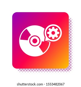 White CD or DVD disk and gear icon isolated on white background. Adjusting app, service concept, setting options, maintenance, repair, fixing. Square color button. Vector Illustration