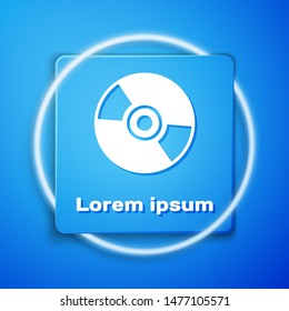White CD or DVD disk icon isolated on blue background. Compact disc sign. Blue square button. Vector Illustration