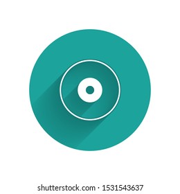 White CD or DVD disk icon isolated with long shadow. Compact disc sign. Green circle button. Vector Illustration