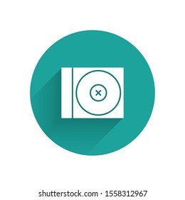 White CD or DVD disk icon isolated with long shadow. Compact disc sign. Green circle button. Vector Illustration