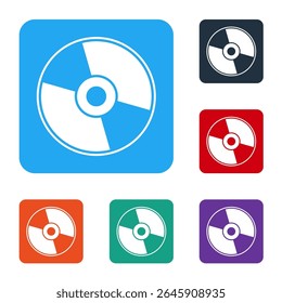 Ícone de disco branco de CD ou DVD isolado em fundo branco. Sinal de disco compacto. Defina ícones em botões quadrados de cor. Ilustração de vetor