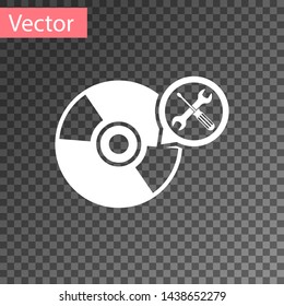 White CD or DVD disk with screwdriver and wrench icon isolated on transparent background. Adjusting, service, setting, maintenance, repair, fixing.  Vector Illustration