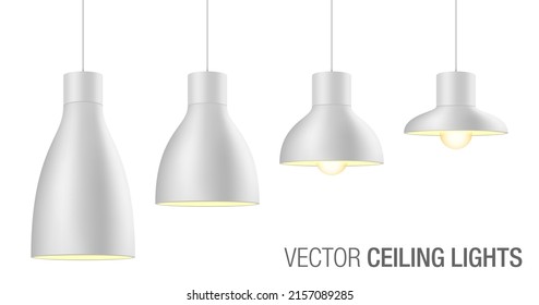 White ceiling light shade in different shapes and sizes. Metal pendant lamp vector illustration, isolated on white background.