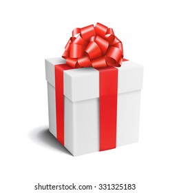 White Celebration Gift Box with Red Bow Isolated on White Background