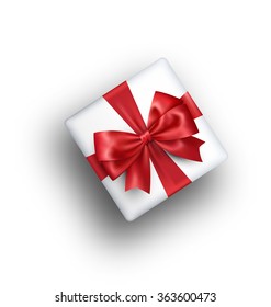 White Celebration Gift Box with Red Bow Isolated on White Background