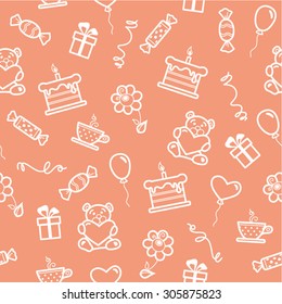 White celebratory icons in seamless pattern on pink background