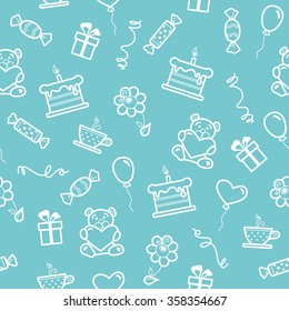 White celebratory icons in seamless pattern on blue background