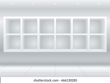 White cell furniture or display cases for goods, shelves for goods or library