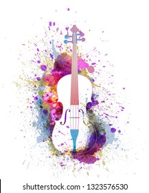 White cello or violin with bright colorful splashes. Creative music concept. Vectot illustration