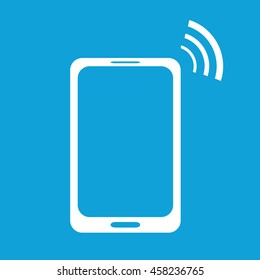 White cellphone icon vector. Blue background