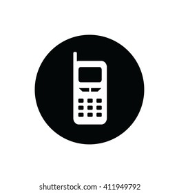 White cellphone icon vector illustration. Black circle. Black button