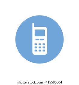 White cellphone icon vector illustration. Blue circle. Blue button