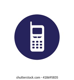 White cellphone vector icon illustration. Blue circle. Blue button