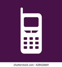 White cellphone vector icon illustration. Purple background