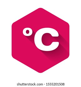 White Celsius icon isolated with long shadow. Pink hexagon button. Vector Illustration