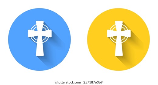 White Celtic cross icon isolated with long shadow background. Happy Saint Patricks day. National Irish holiday. Circle button. Vector