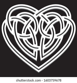 White celtic heart isolated on black background. Template. Die cut. Stencil. Simple Illustration. Perfect for logo or wall design, wedding. Vector. Sign.   