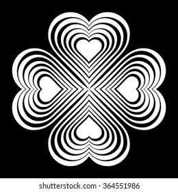 White Celtic heart knot - stylized symbol. Made of hearts. Four-leaf clover. Isolated design element. Black background. Vector illustration.
