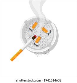 A white ceramic ashtray with a smoldering cigarette and cigarette butts Smoking utensils. Top view. Vector illustration in flat style.