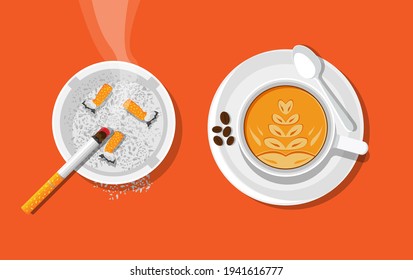 A white ceramic ashtray with a smoldering cigarette, cigarette butts, and a mug of coffee. Top view. Vector illustration in flat style.