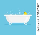 White ceramic bath with foam bubbles and yellow rubber duck. Vector illustration in trendy flat style isolated on blue background.
