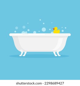 White ceramic bath with foam bubbles and yellow rubber duck. Vector illustration in trendy flat style isolated on blue background.