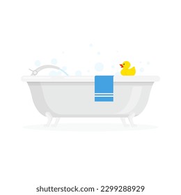White ceramic bath with foam bubbles, blue towel and yellow rubber duck. Vector illustration in trendy flat style isolated on white background.