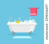 White ceramic bath full of foam with bubbles. Relax bathroom. Shower taps, yellow rubber duck, towel and foot mat. Vector illustration in trendy flat style isolated on blue background.