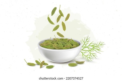 A white ceramic bowl filled with green herbal fennel seeds vector illustration