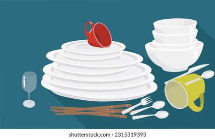 White ceramic bowl and plate stack vector set. Kitchen household concept. Pile of bowl and plate. Clean dishes vector set isolated on dark background. Pile of dishes. Dishes stack. White dishes.