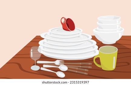 White ceramic bowl and plate stack on wood table vector set. Kitchen household concept. Pile of bowl and plate. Clean dishes vector set isolated. Pile of dishes. Dishes stack. White dishes.