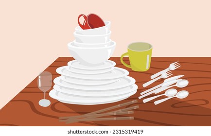White ceramic bowl and plate stack vector set. Kitchen household concept. Cutlery vector set. Pile of bowl and plate. Clean dishes vector set isolated on dark background. Pile of dishes. Dishes stack.