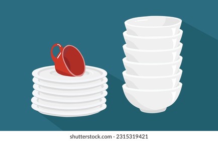 White ceramic bowl and plate stack vector set. Kitchen household concept. Cutlery vector set. Pile of bowl and plate. Clean dishes vector set isolated on dark background. Pile of dishes. Dishes stack.