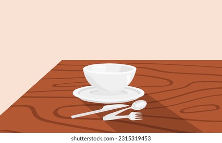 White ceramic bowl and plate vector set on wood table. Clean dishes on table. Flat vector in cartoon style. Crockery set.