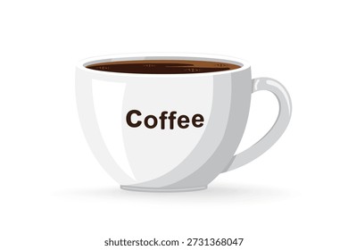 White ceramic coffee cup with the word “coffee” printed on it. Minimal vector illustration isolated on white background. Perfect for cafe branding, beverage design, menus, and lifestyle concepts