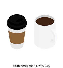 White ceramic coffee mug and disposable coffee cup. Isolated on a white. Vector. Isometric view