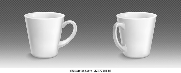 White ceramic coffee mug vector mockup template. Isolated realistic porcelain tea and espresso cup on transparent background. Front view empty clean cappuccino mat dishes for restaurant advertising