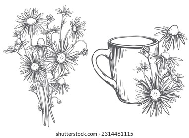Weiße Keramiktasse mit Kräutertee mit Kamillenblumen auf weißem Hintergrund. Vektorgrafik in Graviertechnik. Linienzeichnung. Gesundes Getränk.