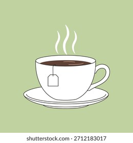 Taza de cerámica blanca de té negro caliente con bolsita de té y Ilustración vectorial ascendente de vapor.