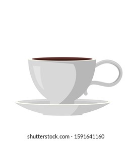 White ceramic cup on saucer isolated. Fresh aroma brown natural coffee americano or espresso. Vector flat illustration. Decorative cartoon design mockup for cafeteria posters. Dishware for drinks