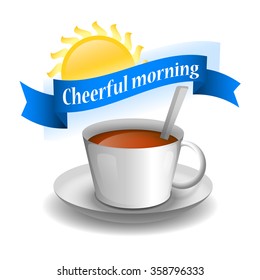 White ceramic cup of tea. Cafe logo with ribbon and sun on the background