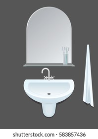 White ceramic handbasin with basin tap silver color, mirror with glass shelf and toothbrush and towel, isolated objects. Vector illustration